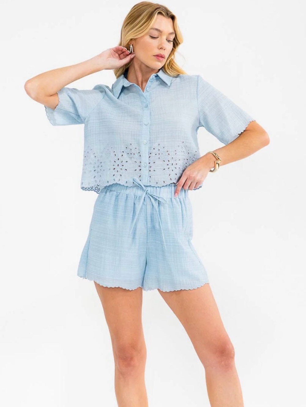A581. Light Sky Blue Eyelet Shirt & Shorts Set